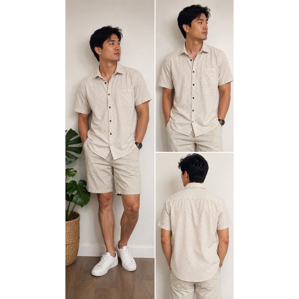 Vuori Shirt Men’s Large Beige Crest Button Up Short Sleeve Cotton V150 Preppy